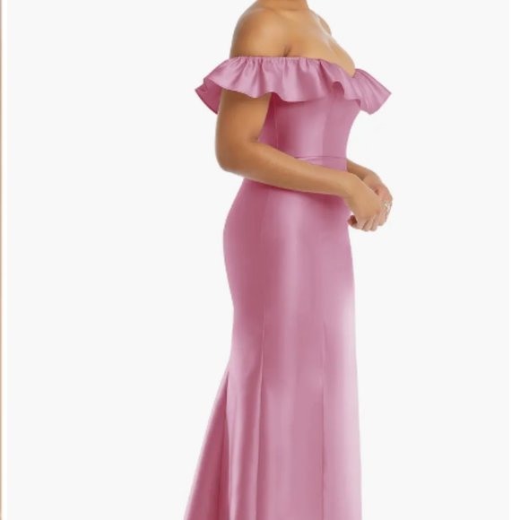 ALFRED SUNG D836 OFF THE SHOULDER RUFFLE SATIN POWDER PINK TRUMPET GOWN sz 20 - Picture 2 of 3